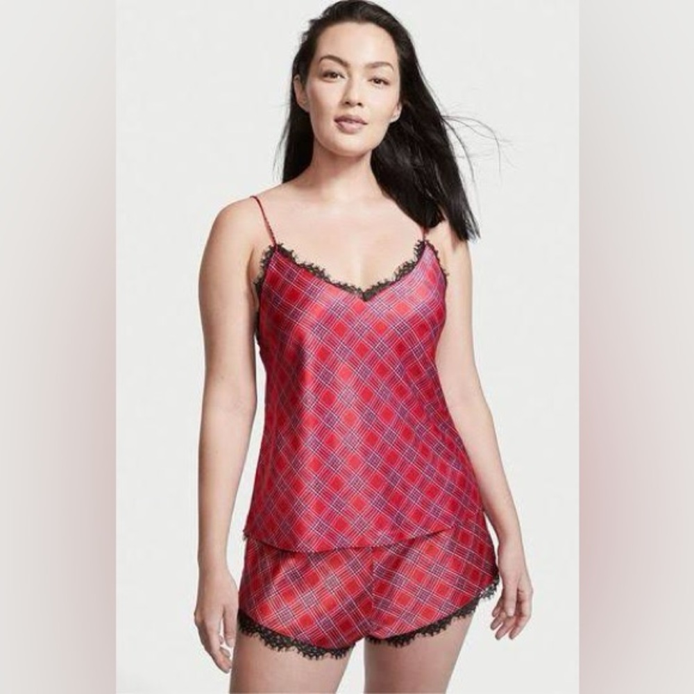 Victoria's Secret Red Satin Plaid Lace Chemise/PJ Set